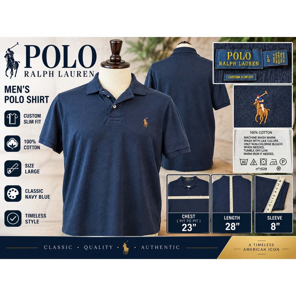 Polo Ralph Lauren Mens Custom Slim Fit Polo Shirt Navy Blue Large